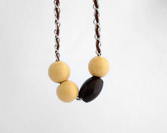 Chain necklace, wood jewelry, wooden bead necklace, brown asymmetric necklace, geometric jewelry, aluminum chain, long necklace, women gift