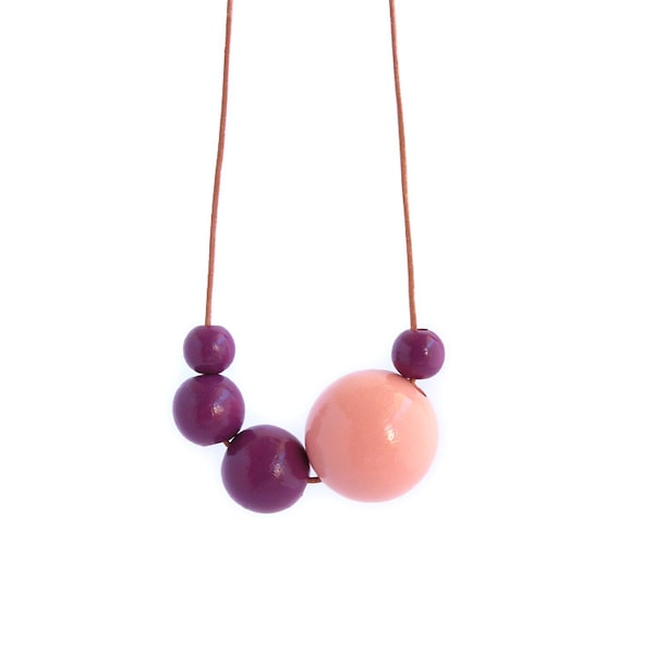 Long wooden necklace, wood bead necklace, asymmetric necklace, women gift, wood jewelry, salmon pink and purple, wood necklace, minimalist