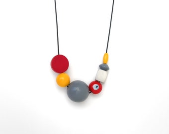 Evil eye necklace, wooden bead necklace, asymmetric necklace, wood jewelry, red, gray, yellow, handpainted,  one of a kind, women's gift