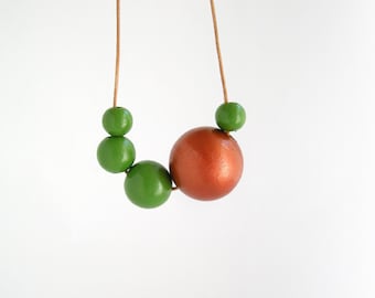 Asymmetric copper and green necklace, long necklace, wooden bead necklace, women gift, eco friendly jewelry, wood necklace, minimal jewelry