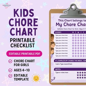 Tableau des tâches ménagères modifiable pour les filles | 4-10 ans | Carte imprimable violette avec étoiles | Téléchargement instantané PDF