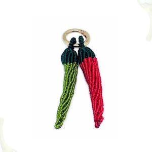 May include: Two chilli pepper charms, one green and one red, with dark green tops, attached to a gold-coloured keyring. The text "LUMETHRE CHILI PEPPER CHARM COLLECTION" is at the top.