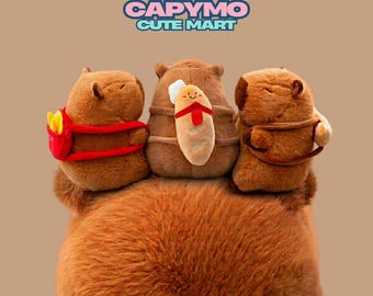 Capybara Plush Toy with Food Backpack, Kawaii Stuffed Animal, Bread Fries Dumpling Plushie, 35cm
