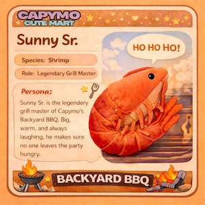 Puede incluir: Ilustraci&oacute;n de dibujos animados de Sunny Sr., un personaje de camar&oacute;n de Capymo's Cute Mart, etiquetado como el Legendario Maestro de la Parrilla. La imagen incluye el texto "HO HO HO!" en una burbuja y "Backyard BBQ" en la parte inferior.