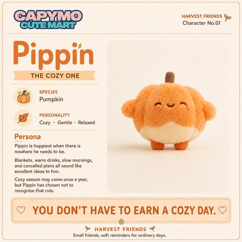 Puede incluir: Un peluche de calabaza llamado Pippin de Capymo Cute Mart. El personaje es naranja con una base de color crema, un tallo marr&oacute;n y una cara sonriente. La tarjeta incluye el texto: Pippin The Cozy One, Harvest Friends y You Don't Have To Earn A Cozy Day.