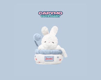 White Bunny Plush Toy in Bathtub, Soft Kawaii Stuffed Animal, Pastel Bath Decor