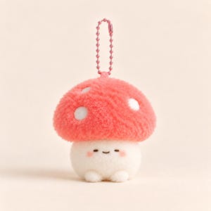 Puede incluir: Un llavero de hongo de peluche con un sombrero de color rosa coral difuso con lunares blancos y un tallo blanco suave. El tallo tiene una cara bordada simple con dos ojos pequeños, una sonrisa diminuta y mejillas rosadas. Incluye una cadena de bolas rosa.
