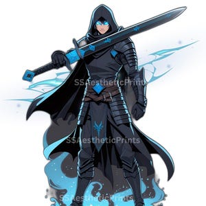 Dark Fantasy Hunter & Dragon Clipart Set + Bonus Poster | Anime ästhetischer digitaler Download | Schattenkrieger PNG Pack