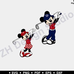 Könnte beinhalten: Mickey Mouse und Minnie Mouse in Golfkleidung. Mickey trägt einen blauen Hut, ein rotes Hemd und eine blaue Hose. Minnie trägt einen roten Hut, ein rotes Hemd mit weißen Punkten und einen roten Rock. Beide halten Golfschläger.