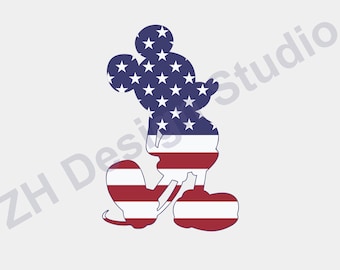 Peut inclure: Un fichier de découpe numérique de Mickey Mouse en forme de drapeau américain. Le fichier est disponible aux formats SVG, PNG, PDF, EPS et DXF.