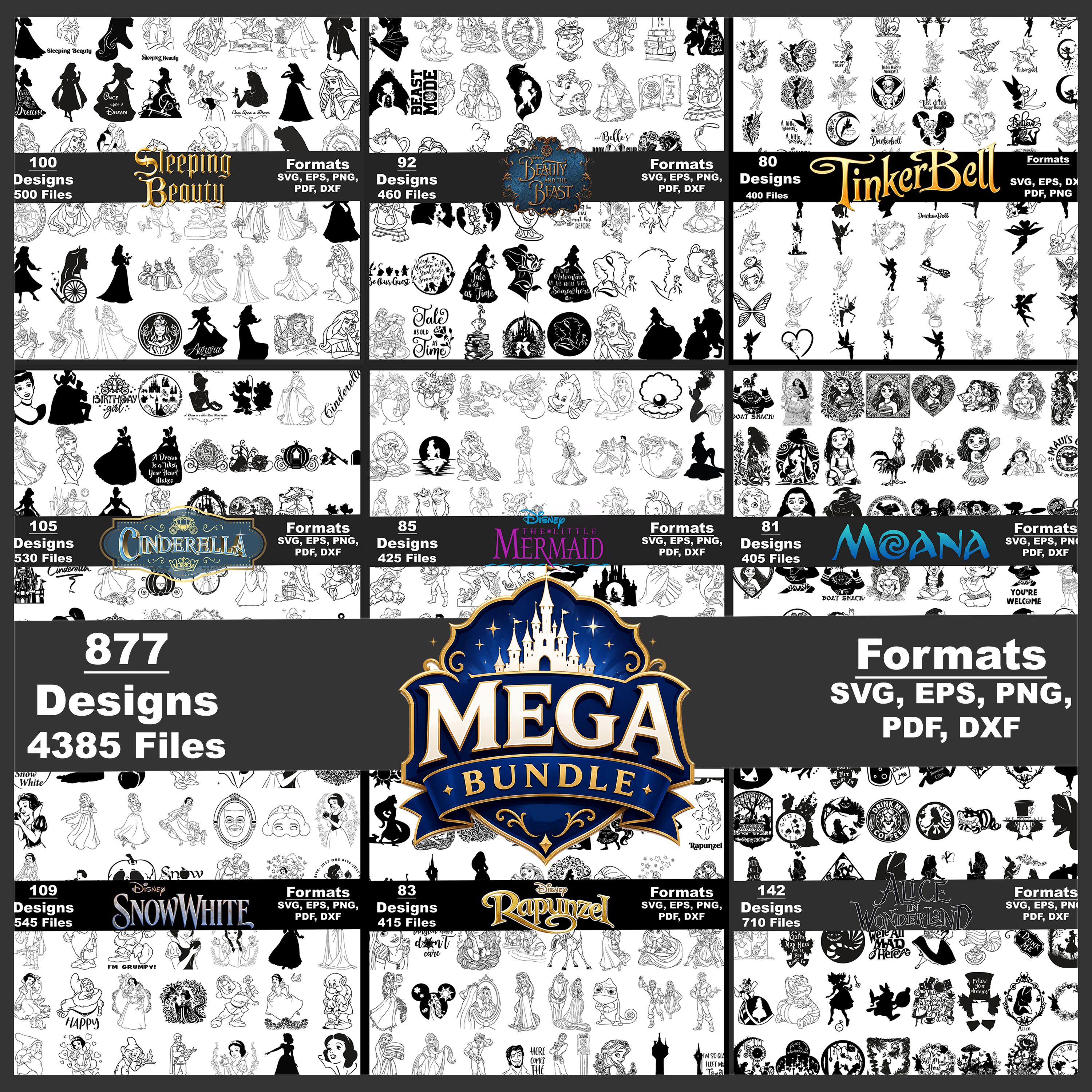Può includere: Un mega pacchetto digitale contenente 877 design e 4385 file in formato SVG, EPS, PNG, PDF e DXF. La collezione presenta sagome di personaggi in bianco e nero e illustrazioni grafiche tratte da varie storie animate, organizzate per tema.