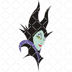 May include: A vector illustration of Maleficent, a character with a pale green face, red lips, and yellow eyes. She has large black horns and a purple collar. The background is a white diamond pattern.
