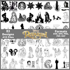 May include: A collection of 83 black and white digital designs featuring Rapunzel, Flynn Rider, Pascal, and the tower. The graphics include silhouettes, line art, and text elements like 'Rapunzel', 'Mother knows best', and 'Here comes the smolder'.