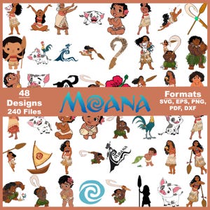 Op de afbeelding: Een verzameling van 48 digitale ontwerpen met het thema Moana in verschillende formaten, waaronder SVG, EPS, PNG, PDF en DXF. De afbeelding toont meerdere illustraties van personages en elementen uit de animatiefilm, zoals Moana, Maui, Pua en Hei Hei.