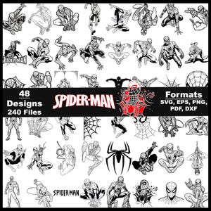 Może przedstawiać: Kolekcja 48 wzorów Spider-Mana w różnych pozach i stylach, w tym ilustracje i logotypy. Obraz zawiera tekst "SPIDER-MAN", "Designs", "Files" i "Formats: SVG, EPS, PNG, PDF, DXF". Wzory są czarno-białe.