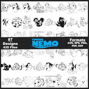 Puede incluir: Una colección de 87 diseños en blanco y negro de Buscando a Nemo, incluyendo a Nemo, Dory y otros personajes. La imagen incluye el texto "Just Keep Swimming" y "I'm Never Drinking Again". Formatos: SVG, EPS, PNG, PDF, DXF.