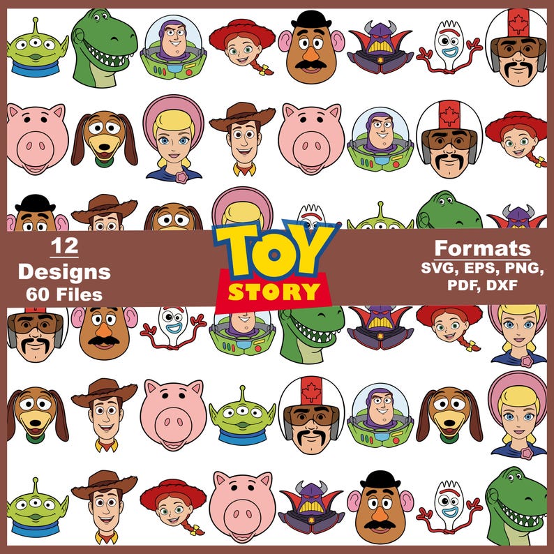 May include: A digital design set featuring characters from the animated film "Toy Story." The image includes various character faces such as Woody, Buzz Lightyear, and others. The text indicates 12 designs and 60 files available in SVG, EPS, PNG, PDF, and DXF formats.