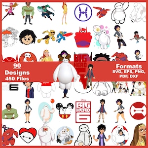 May include: A collection of Big Hero 6 designs in various formats. The image features multiple character illustrations, logos, and the text "90 Designs 450 Files." Formats include SVG, EPS, PNG, PDF, and DXF. The color palette includes red, white, and black.