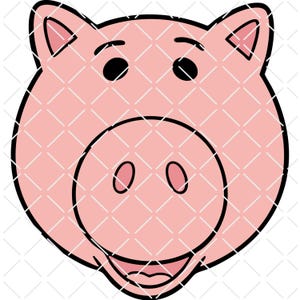 May include: A cartoon illustration of a pink pig face with black outlines. The pig has black eyes, a large circular snout with two nostrils, and a smiling mouth. The background has a white diamond pattern.