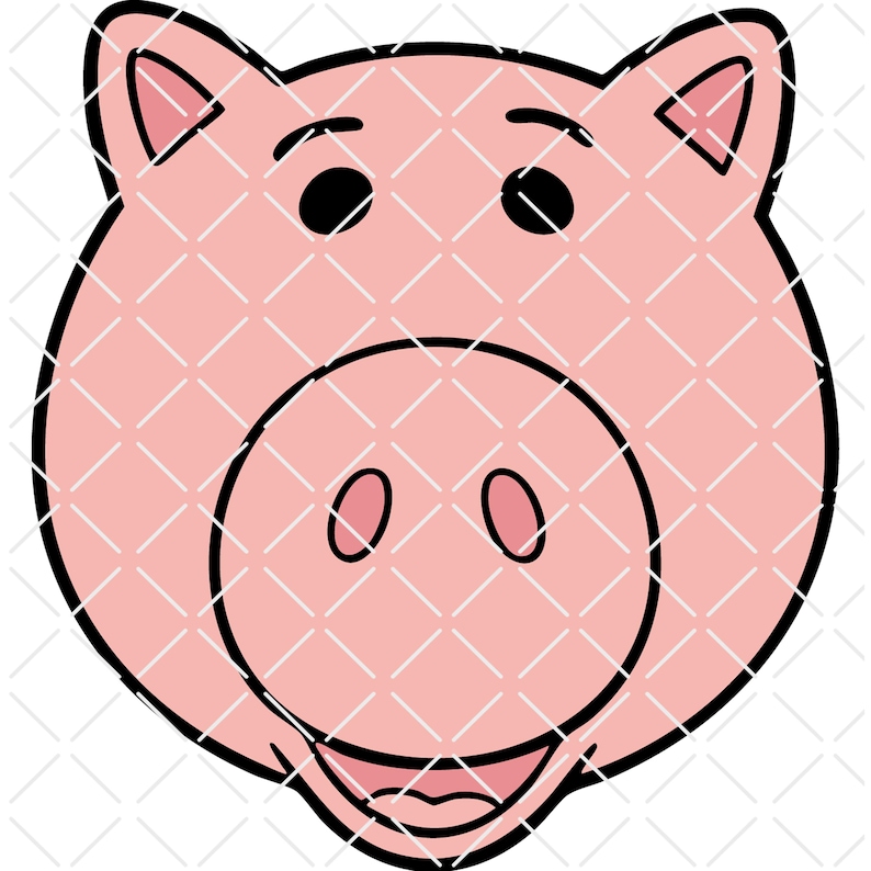 May include: A cartoon illustration of a pink pig face with black outlines. The pig has black eyes, a large circular snout with two nostrils, and a smiling mouth. The background has a white diamond pattern.