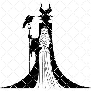 May include: Black and white illustration featuring a silhouette of a raven holding a staff, a princess, and a horned figure. The princess is in a long gown with her arms crossed. The background has a diamond pattern.
