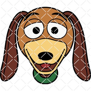 May include: A cartoon illustration of a dog's face, featuring large, expressive eyes and long, floppy ears. The dog has a light brown head, tan muzzle, and dark brown ears. A green collar is around its neck. The dog is smiling.