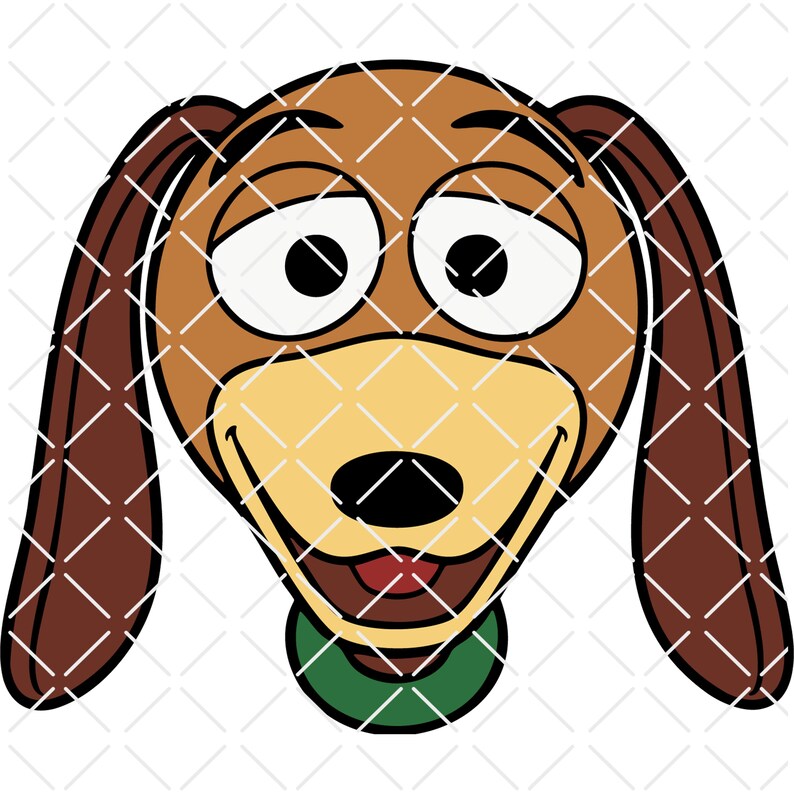 May include: A cartoon illustration of a dog's face, featuring large, expressive eyes and long, floppy ears. The dog has a light brown head, tan muzzle, and dark brown ears. A green collar is around its neck. The dog is smiling.