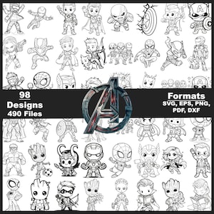 May include: A collection of 98 superhero designs in black and white, featuring various characters in a cartoon style. The image includes the text "98 Designs 490 Files" and "Formats SVG, EPS, PNG, PDF, DXF".
