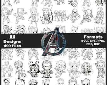 Avengers Mega Bundle SVG - Avengers Chibi-kontur, Spiderman, Captan America, Hulk, Marvel-paket, Utskrivbara vektordesigner Marvel Comics SVG