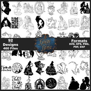 Op de afbeelding: Een verzameling van 92 zwart-wit ontwerpen met personages en elementen uit "Belle en het Beest". Bevat silhouetten van Belle, het Beest en andere personages, met tekst zoals "Tale as Old as Time" en "Be Our Guest".
