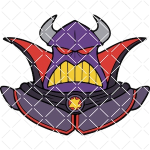 May include: A cartoon illustration of Emperor Zurg from Toy Story. The character is depicted with a purple head and body, red cape, yellow teeth, and gray horns. A gold star is on the chest.
