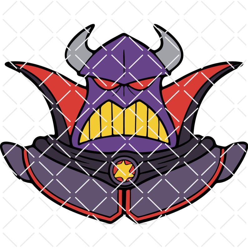 May include: A cartoon illustration of Emperor Zurg from Toy Story. The character is depicted with a purple head and body, red cape, yellow teeth, and gray horns. A gold star is on the chest.