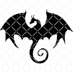 May include: A black dragon silhouette with outstretched wings and a curled tail. The dragon's wings and body are filled with a white diamond pattern, creating a contrasting design against the solid black form. The dragon is a fantasy creature.