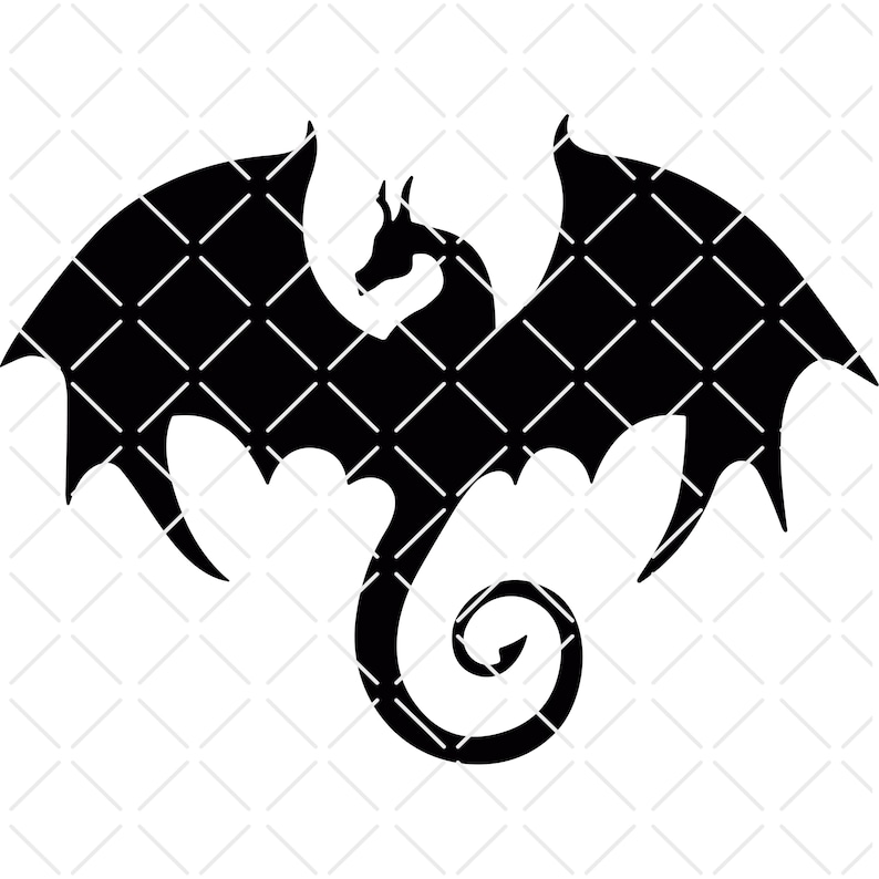 May include: A black dragon silhouette with outstretched wings and a curled tail. The dragon's wings and body are filled with a white diamond pattern, creating a contrasting design against the solid black form. The dragon is a fantasy creature.