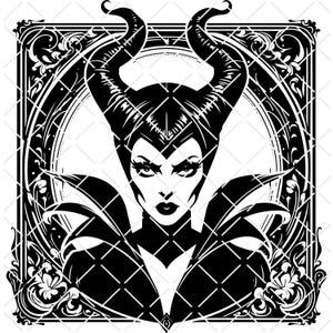 May include: Black and white illustration of a character with large horns, a stern expression, and a high collar. The image is framed by an ornate border with floral and geometric patterns, creating a gothic or fantasy aesthetic.
