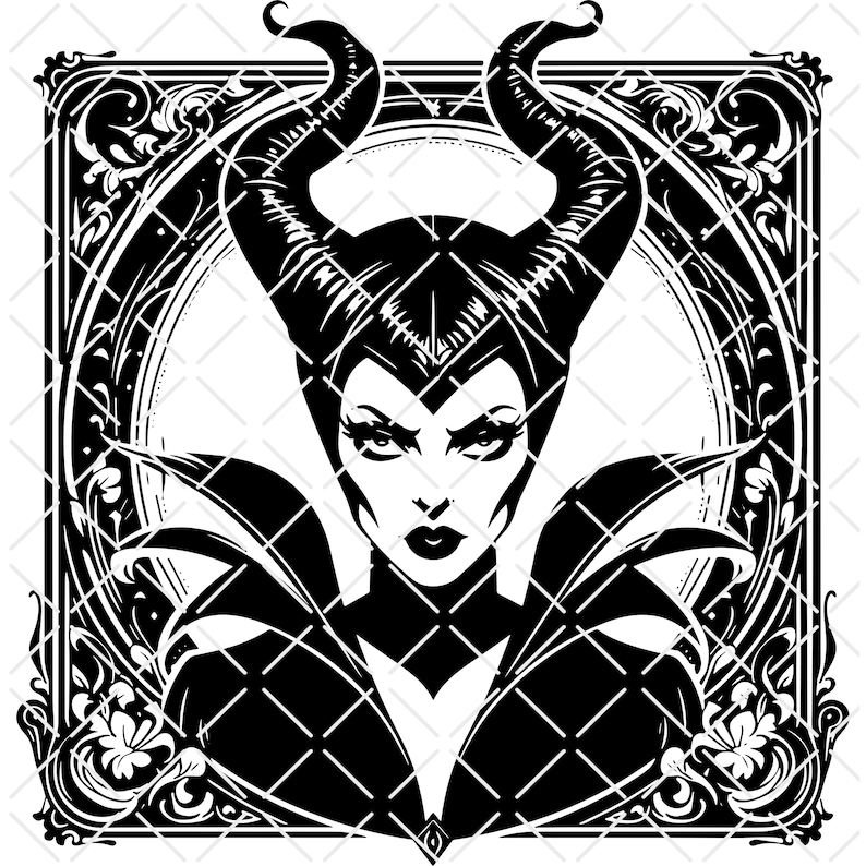 May include: Black and white illustration of a character with large horns, a stern expression, and a high collar. The image is framed by an ornate border with floral and geometric patterns, creating a gothic or fantasy aesthetic.