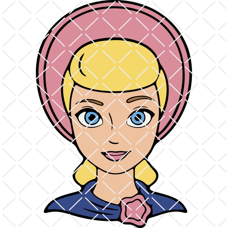 May include: A cartoon illustration of a female character with blonde hair, blue eyes, and a pink hat. She is wearing a blue outfit with a pink flower. The image is a digital drawing with clean lines and bright colors.
