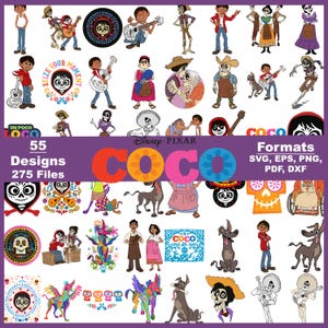 May include: A selection of 55 Coco-themed designs available in SVG, EPS, PNG, PDF, and DXF formats. The image showcases vibrant illustrations of characters and elements from the Disney Pixar film, with the word "COCO" in bold letters.