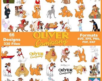 May include: A digital collection of 66 Oliver & Company character designs featuring various dogs, cats, and humans from the film. The graphic includes the text Oliver & Company, 66 Designs, 330 Files, and file formats SVG, EPS, PNG, PDF, and DXF.