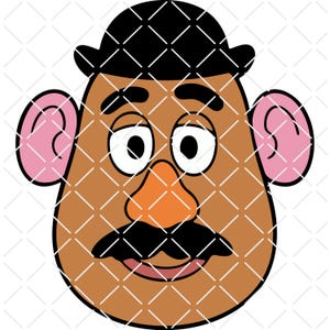 May include: A cartoon illustration of a potato-shaped character's face. The face is brown with a black mustache, black hat, and orange nose. The character has pink ears and white eyes with black pupils.