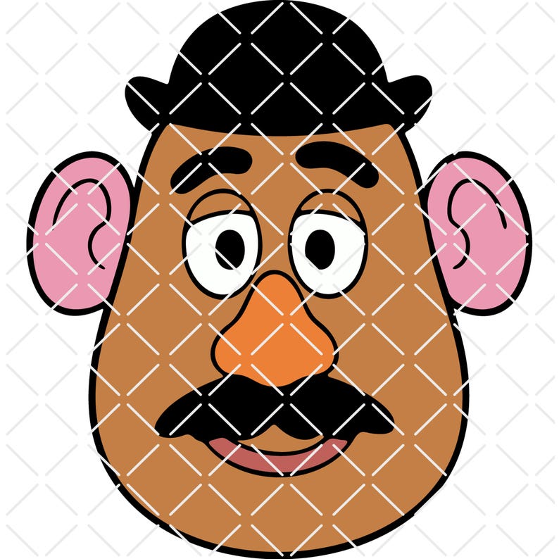 May include: A cartoon illustration of a potato-shaped character's face. The face is brown with a black mustache, black hat, and orange nose. The character has pink ears and white eyes with black pupils.