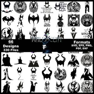 May include: A collection of 66 Maleficent designs in various formats, including SVG, EPS, PNG, PDF, and DXF. The designs feature silhouettes, portraits, and quotes related to the character, in black and white.