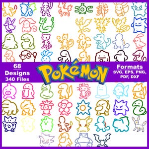 Könnte beinhalten: Ein Bild mit 68 farbigen Pokémon-Designs auf weißem Hintergrund. Das Wort "Pokémon" ist gelb und blau. Das Bild listet auch Dateiformate auf: SVG, EPS, PNG, PDF und DXX.