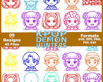 K-POP Demon Hunters Clipart-paket, Kawaii-hjältinnor (digitala filer - svg, png, eps, pdf, dxf)