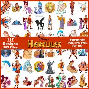 May include: A selection of Disney's Hercules character designs in different poses and styles. The image includes the text "117 Designs, 585 Files" and "Formats: SVG, EPS, PNG, PDF, DXF". The title "Disney's Hercules" is also displayed.
