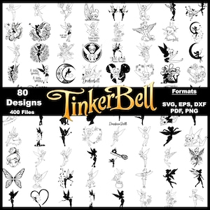 Puede incluir: Una colección de 80 diseños de Tinkerbell en blanco y negro, en varias poses y estilos. La imagen incluye el texto "TinkerBell" en dorado, junto con opciones de formato de archivo: SVG, EPS, DXF, PDF y PNG.