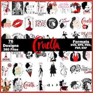 May include: A collection of Cruella-themed designs in various formats. The image features multiple illustrations and text elements, including the word "Cruella" in a bold, red script. The designs include portraits, quotes, and graphic elements.
