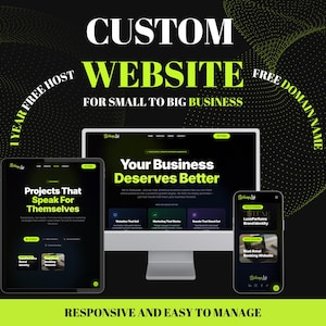 May include: A digital marketing graphic with the text "CUSTOM WEBSITE" in white and neon green. The image displays a computer monitor, tablet, and smartphone, each showcasing website designs. Text includes "FOR SMALL TO BIG BUSINESS" and "RESPONSIVE AND EASY TO MANAGE."