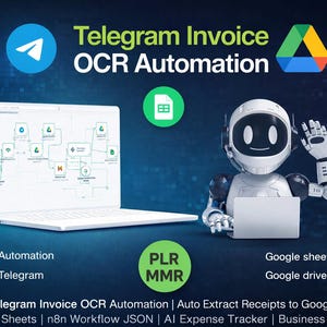 May include: Promotional image for Telegram Invoice OCR Automation. The image shows a laptop with a workflow diagram, a robot, and logos for Telegram and Google. Text includes "Automation", "Telegram", and "Google sheet".