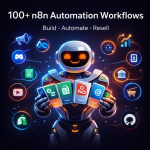 Pode incluir: Ilustração digital de um robô segurando cartões com ícones de aplicativos, com o texto "100+ n8n Automation Workflows" e as palavras "Build • Automate • Resell". O robô tem um rosto sorridente e é cercado por ícones digitais brilhantes.